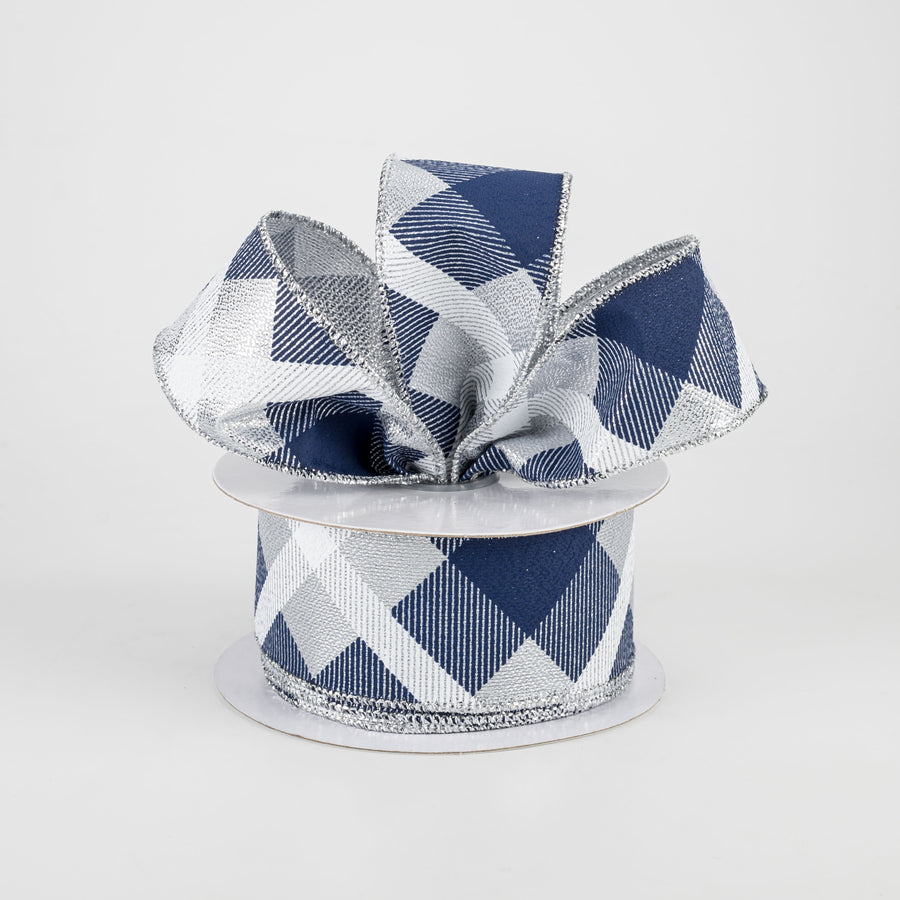 1.5" Printed Plaid Metallic Ribbon: Silver, Navy, White (10 Yards)