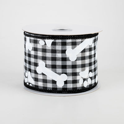 2.5" Paw Prints & Dog Bones Gingham Check Ribbon: Black & White (10 Yards)