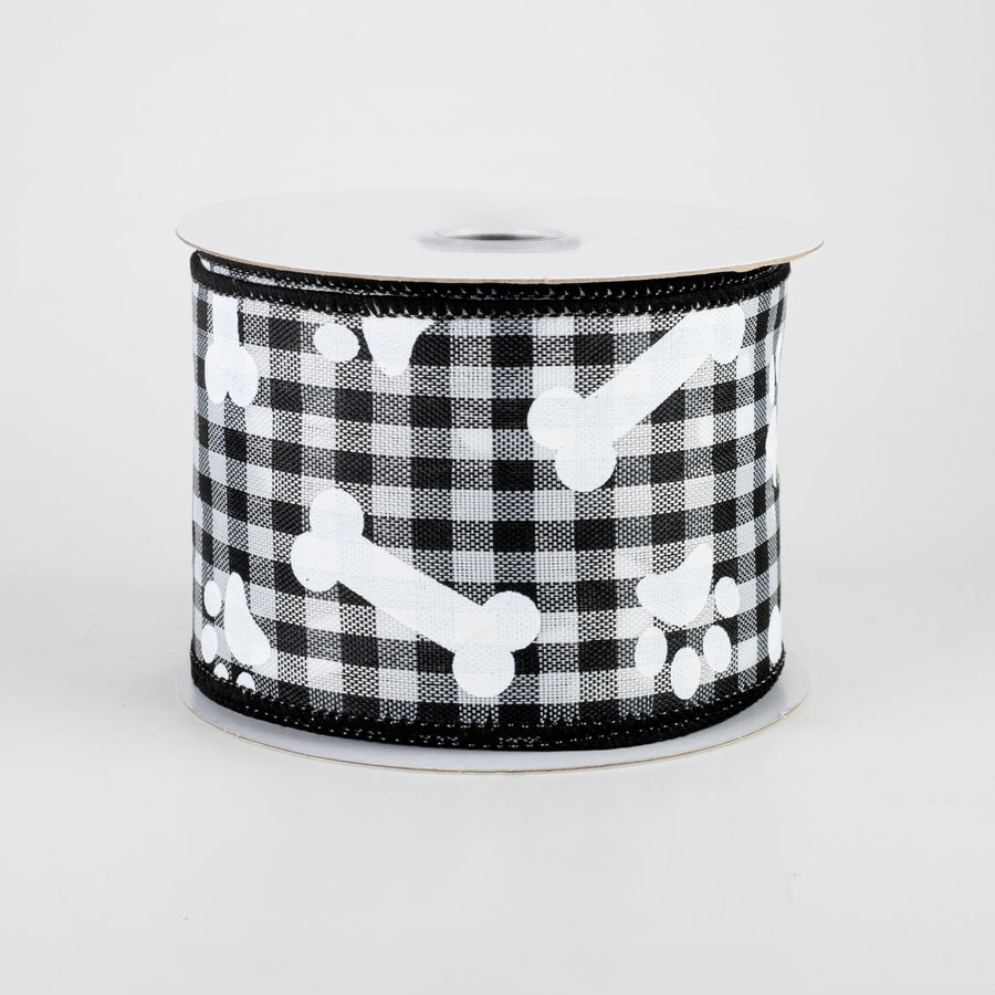 2.5" Paw Prints & Dog Bones Gingham Check Ribbon: Black & White (10 Yards)