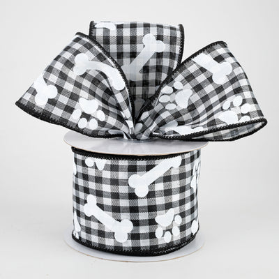 2.5" Paw Prints & Dog Bones Gingham Check Ribbon: Black & White (10 Yards)