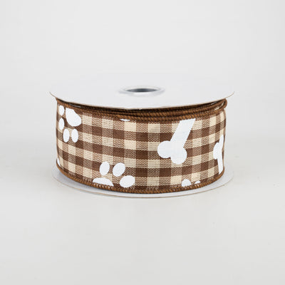 1.5" Paw Prints & Dog Bones Gingham Check Ribbon: Brown & Cream (10 Yards)