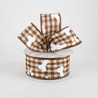 1.5" Paw Prints & Dog Bones Gingham Check Ribbon: Brown & Cream (10 Yards)