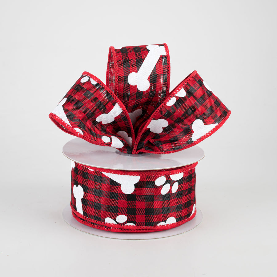 1.5" Paw Prints & Dog Bones Gingham Check Ribbon: Black & Red (10 Yards)