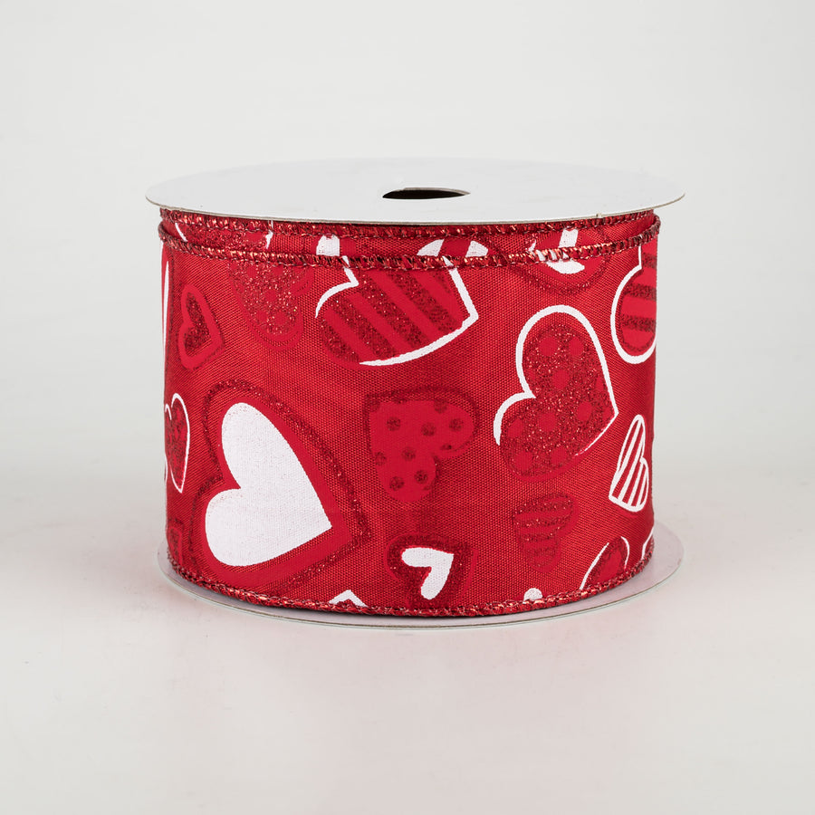 2.5" Patterned Hearts Ribbon: Red & White (10 Yards)