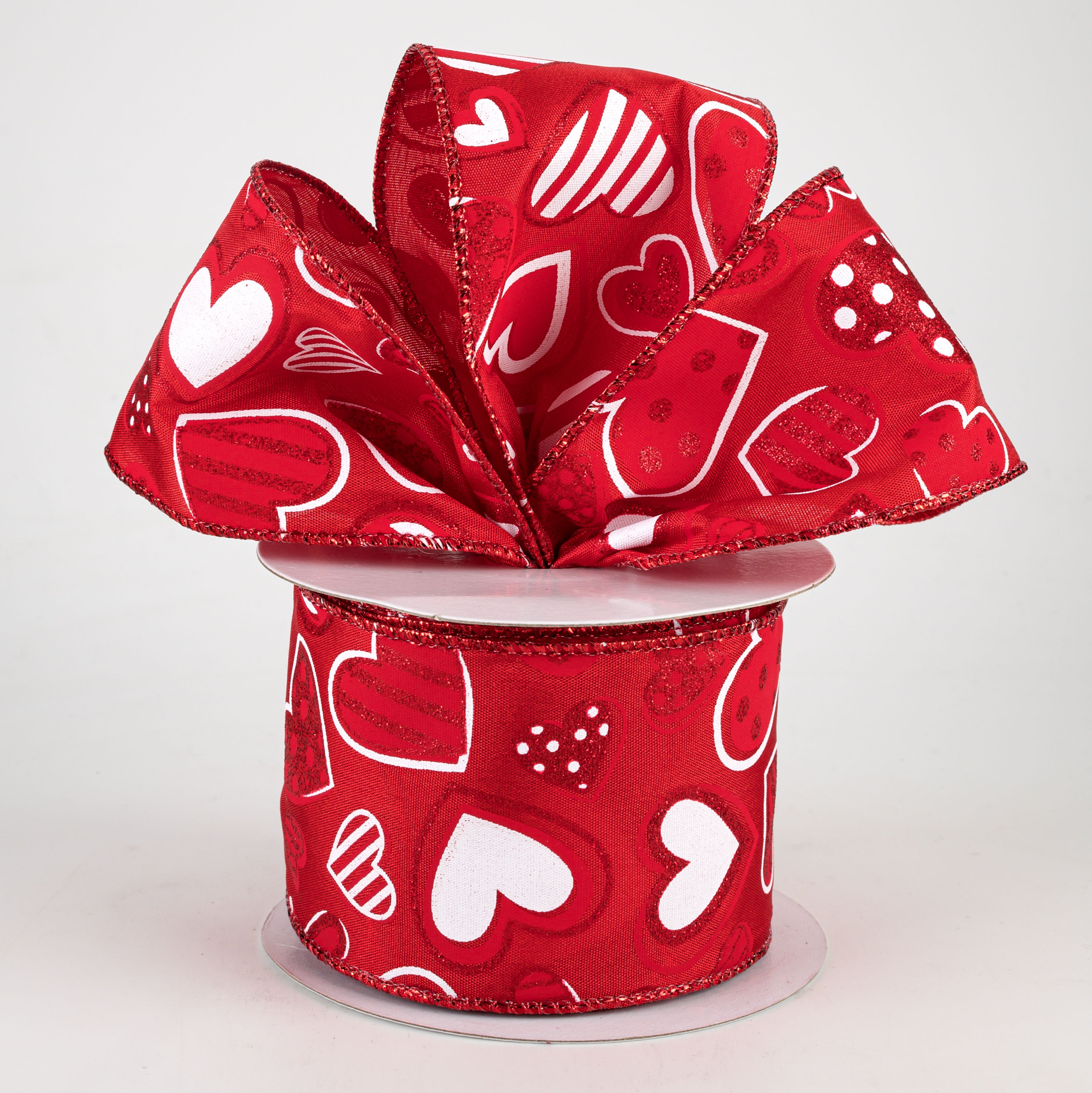 2.5" Patterned Hearts Ribbon: Red & White (10 Yards)