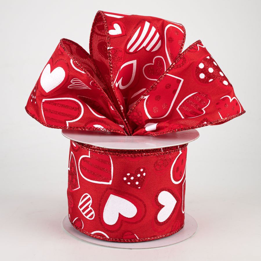 2.5" Patterned Hearts Ribbon: Red & White (10 Yards)
