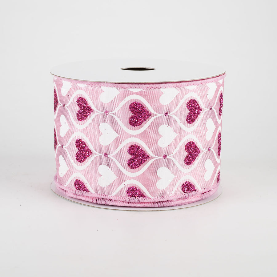 2.5" Glitter Hourglass Hearts Ribbon: Pink & White (10 Yards)