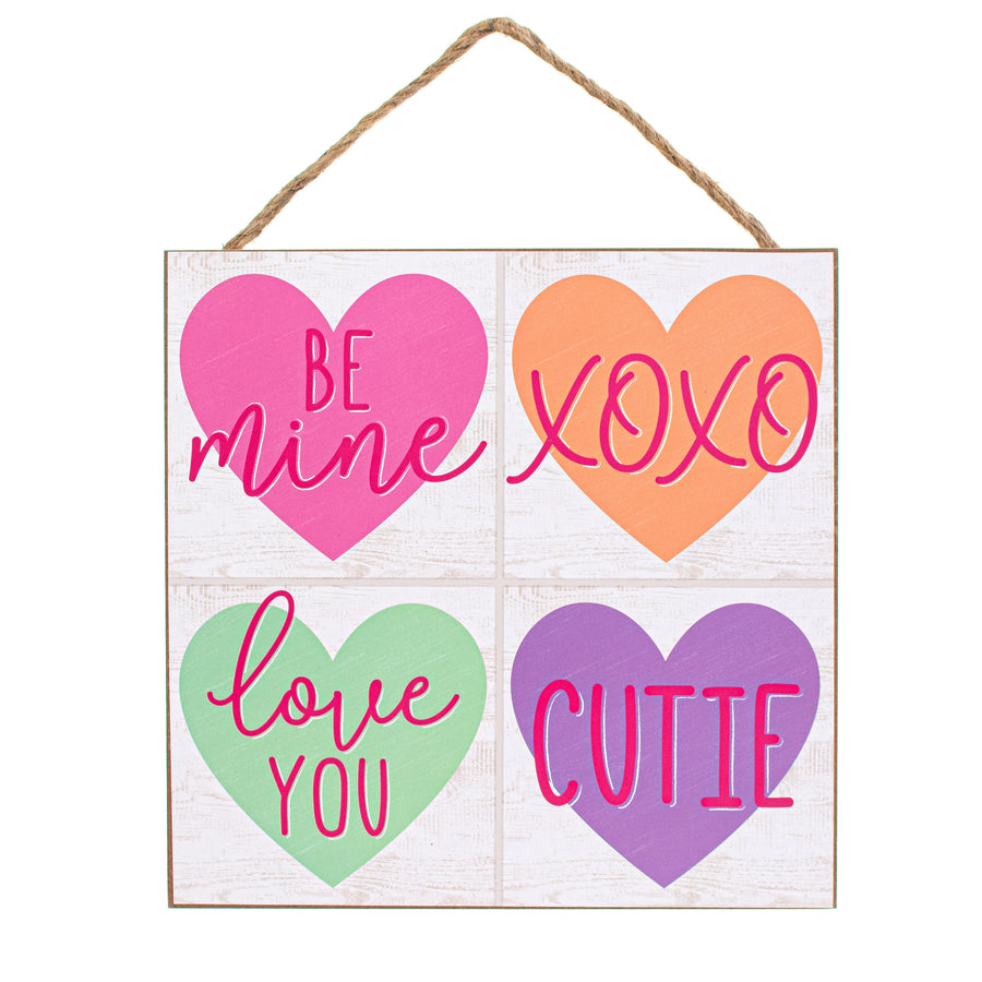 10" Square Wooden Sign: Candy Hearts Tiles