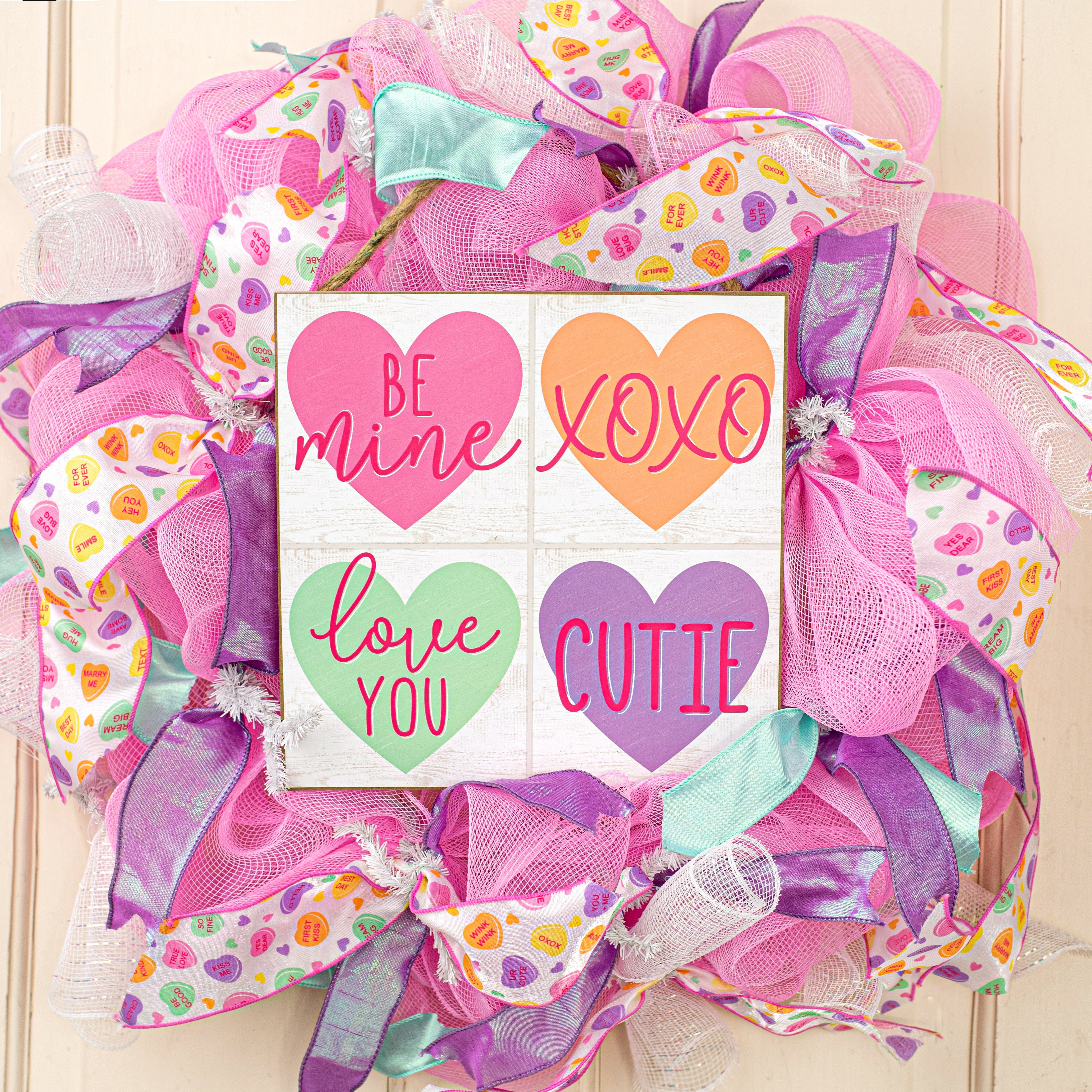 10" Square Wooden Sign: Candy Hearts Tiles