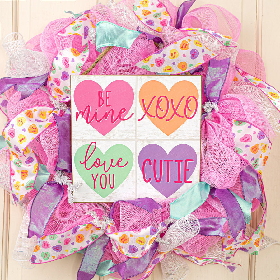 10" Square Wooden Sign: Candy Hearts Tiles