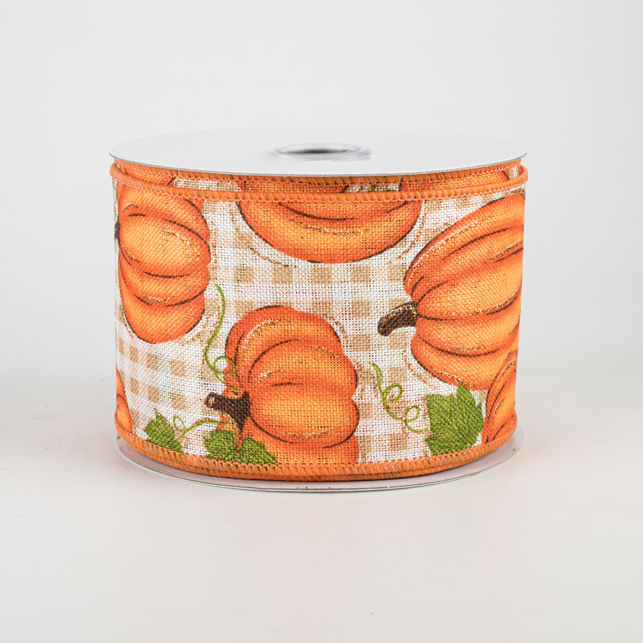 2.5" Pumpkin Patch Check Ribbon: Orange, Moss, Beige, Ivory (10 Yards)