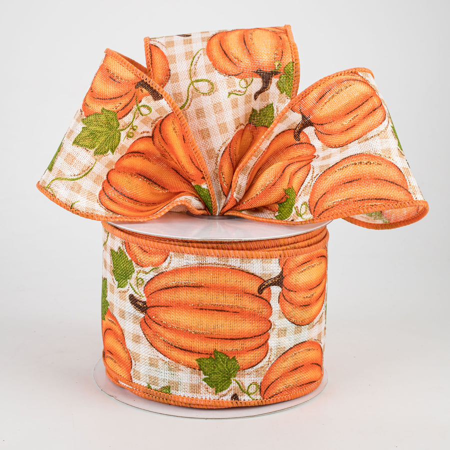 2.5" Pumpkin Patch Check Ribbon: Orange, Moss, Beige, Ivory (10 Yards)