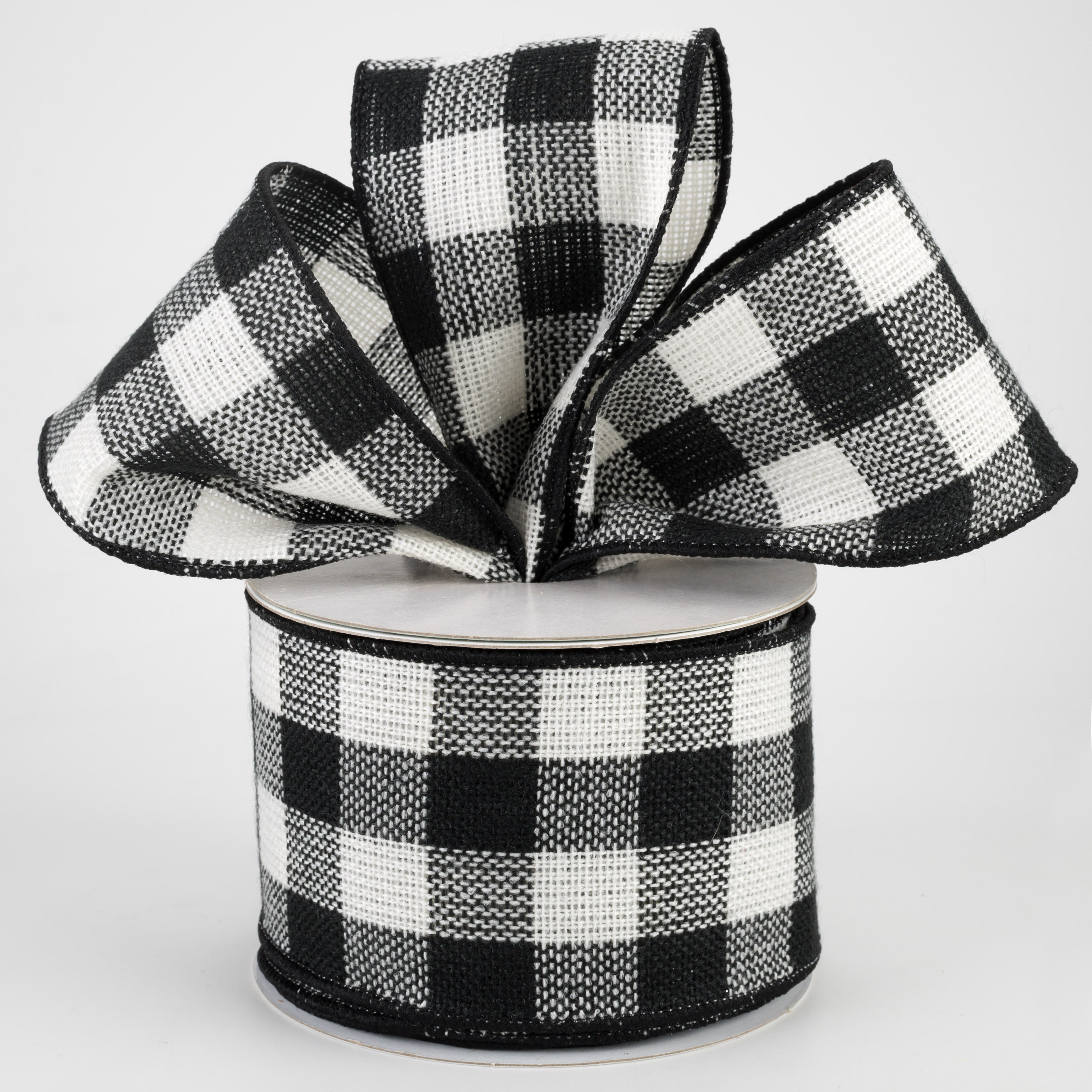2.5" Woven Flannel Check Ribbon: Black & Off White (10 Yards)
