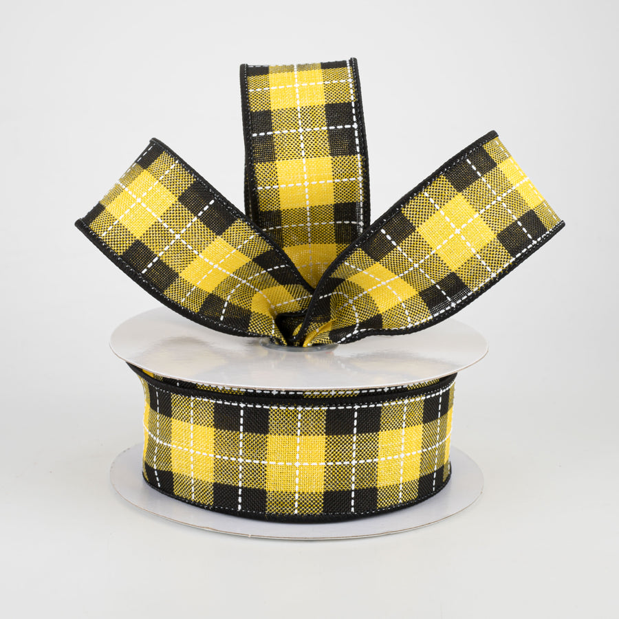 1.5" Printed Woven Check Ribbon: Sun Yellow, Black, White (10 Yards)