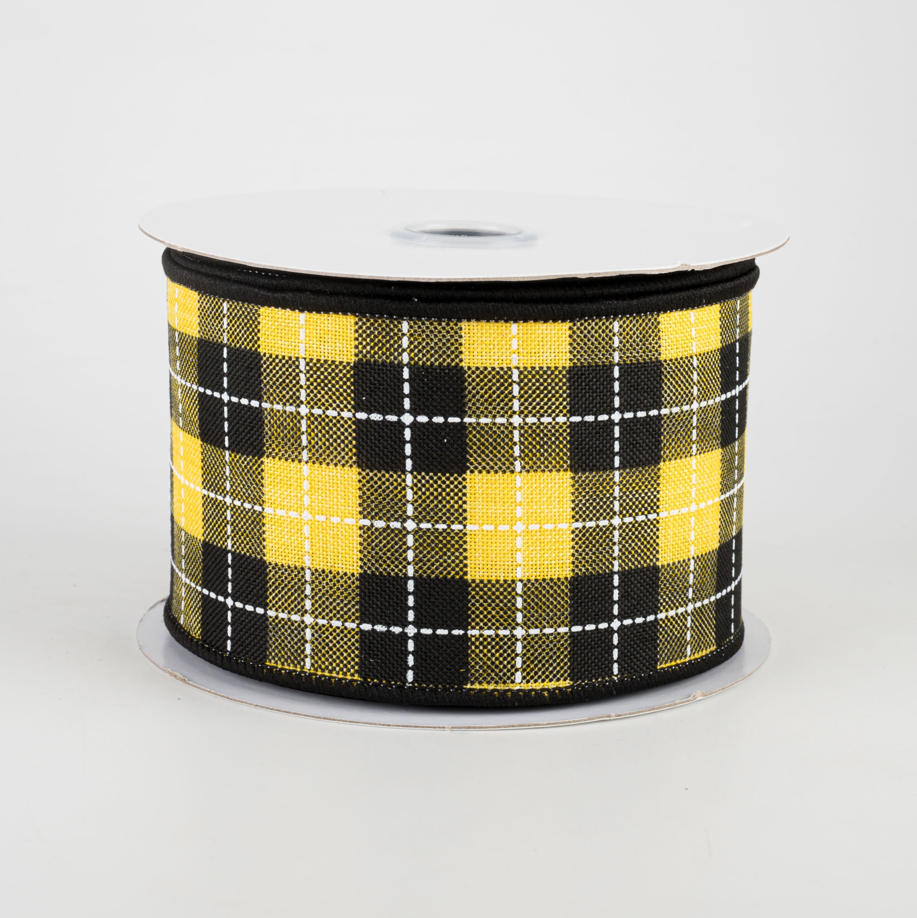 2.5" Printed Woven Check Ribbon: Sun Yellow, Black, White (10 Yards)