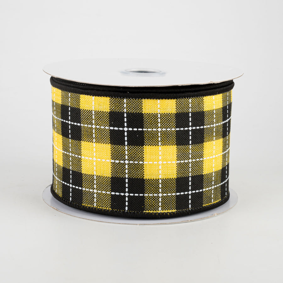 2.5" Printed Woven Check Ribbon: Sun Yellow, Black, White (10 Yards)