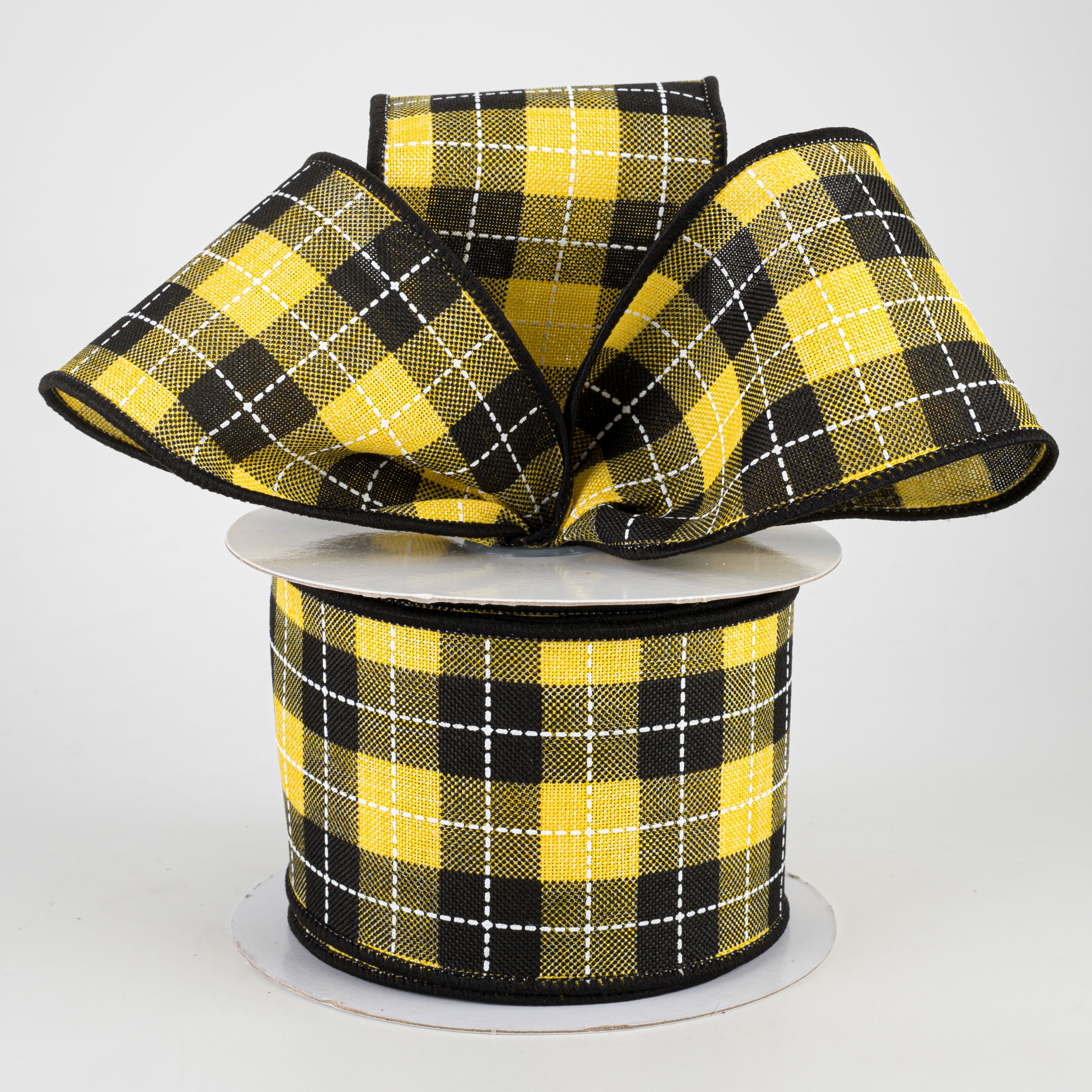 2.5" Printed Woven Check Ribbon: Sun Yellow, Black, White (10 Yards)