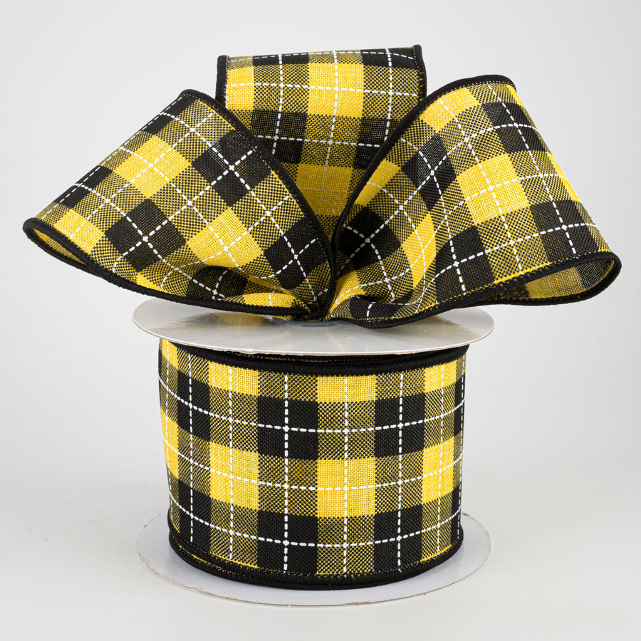 2.5" Printed Woven Check Ribbon: Sun Yellow, Black, White (10 Yards)