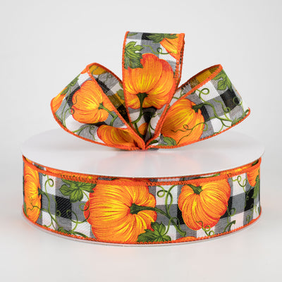 1.5" Buffalo Plaid With Orange Pumpkins: Black & White (50 Yards)