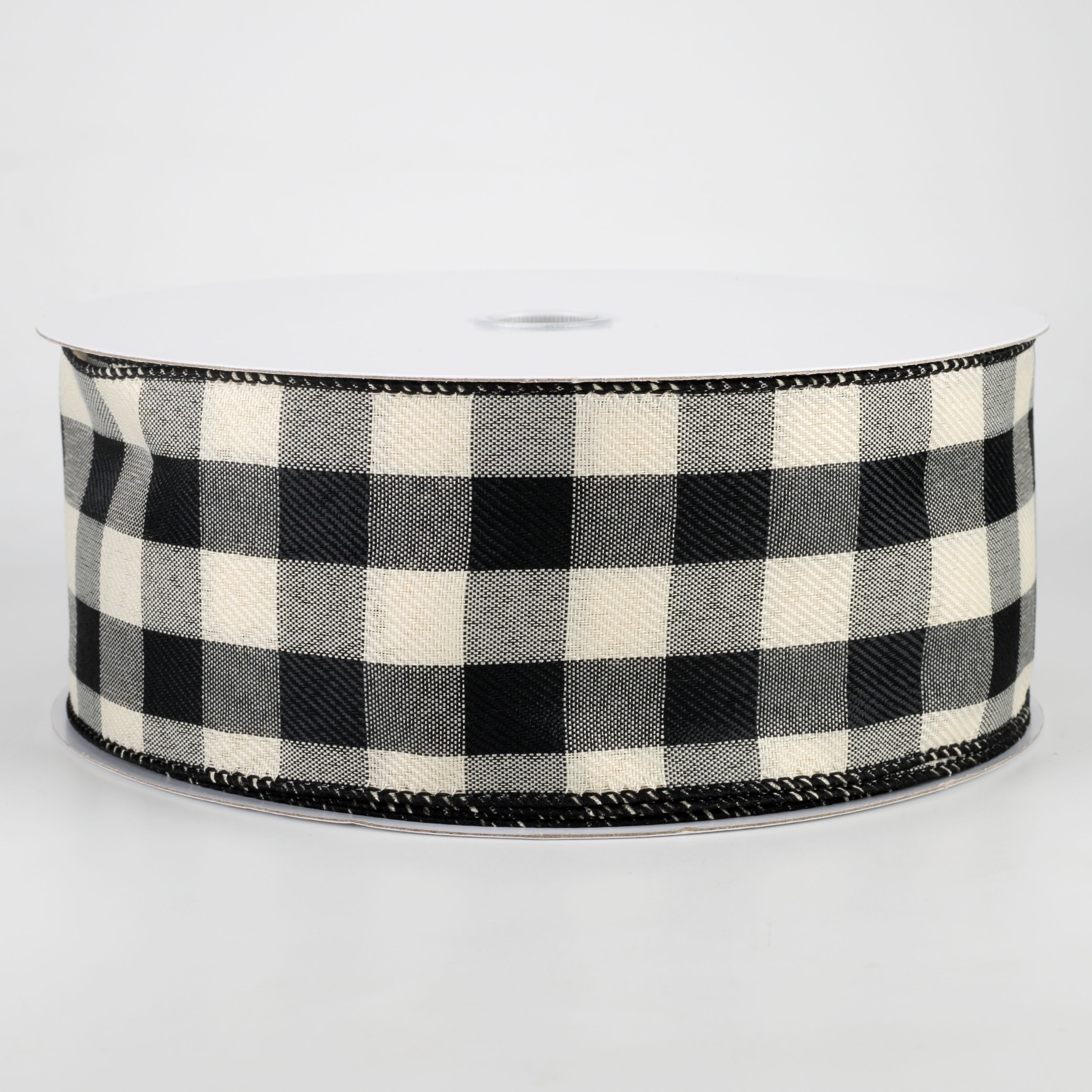 2.5" Linen Check Buffalo Plaid Ribbon: Black & Ivory (50 Yards)