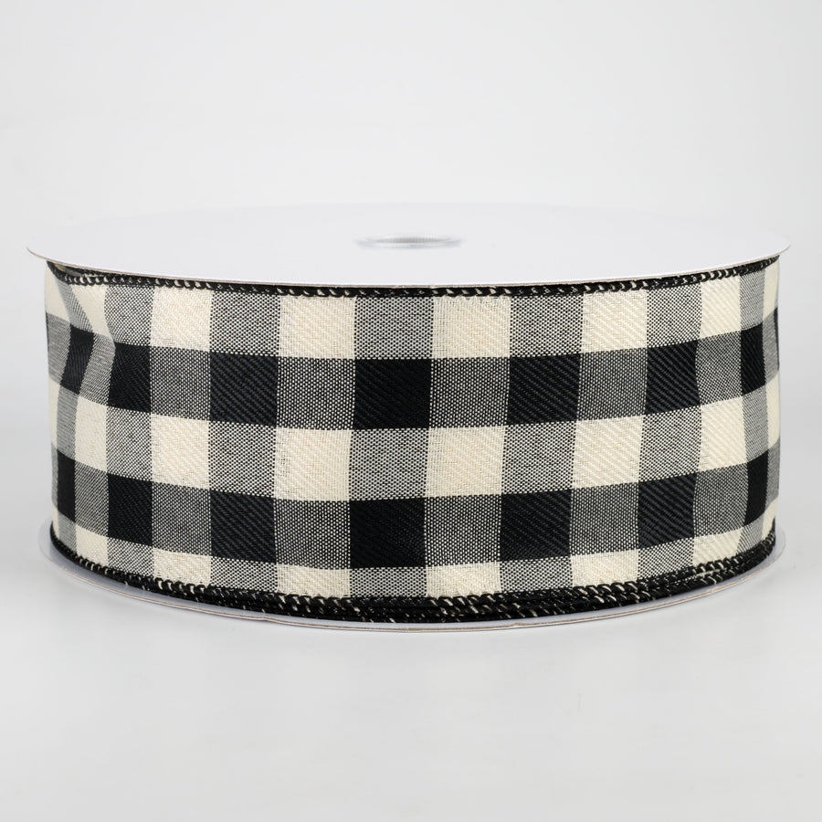 2.5" Linen Check Buffalo Plaid Ribbon: Black & Ivory (50 Yards)