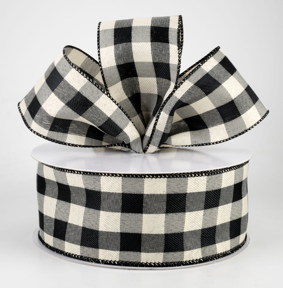 2.5" Linen Check Buffalo Plaid Ribbon: Black & Ivory (50 Yards)