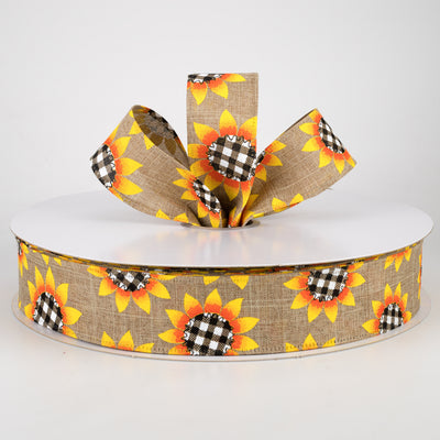 1.5" Linen Buffalo Plaid Sunflower Ribbon: Natural (50 Yards)
