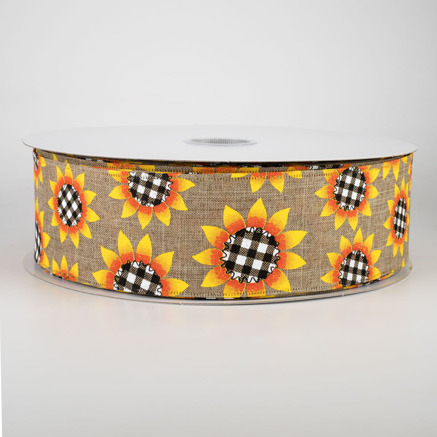 2.5" Linen Buffalo Plaid Sunflower Ribbon: Natural (50 Yards)