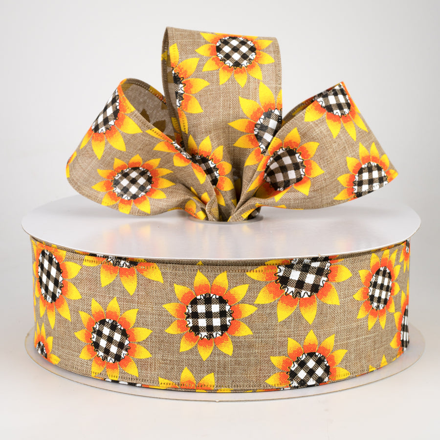 2.5" Linen Buffalo Plaid Sunflower Ribbon: Natural (50 Yards)