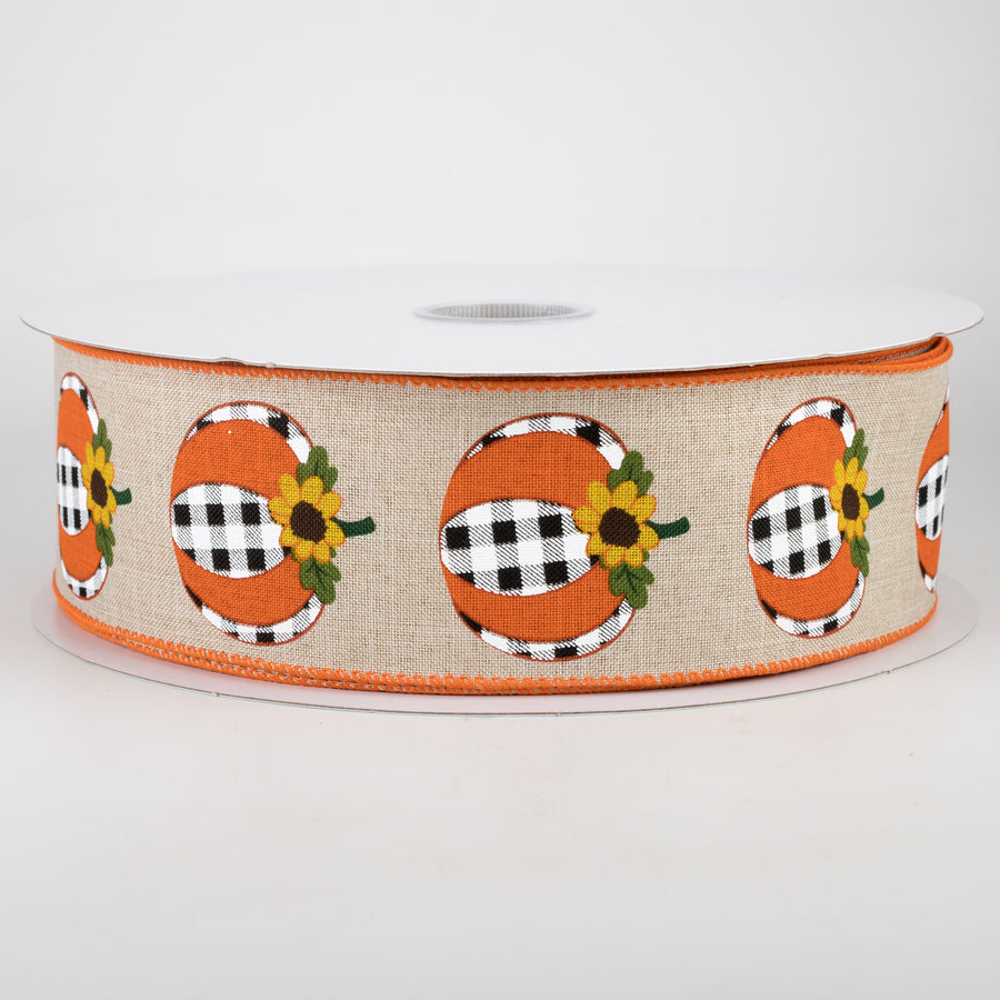2.5" Linen Buffalo Plaid Pumpkin Ribbon: Natural (50 Yards)