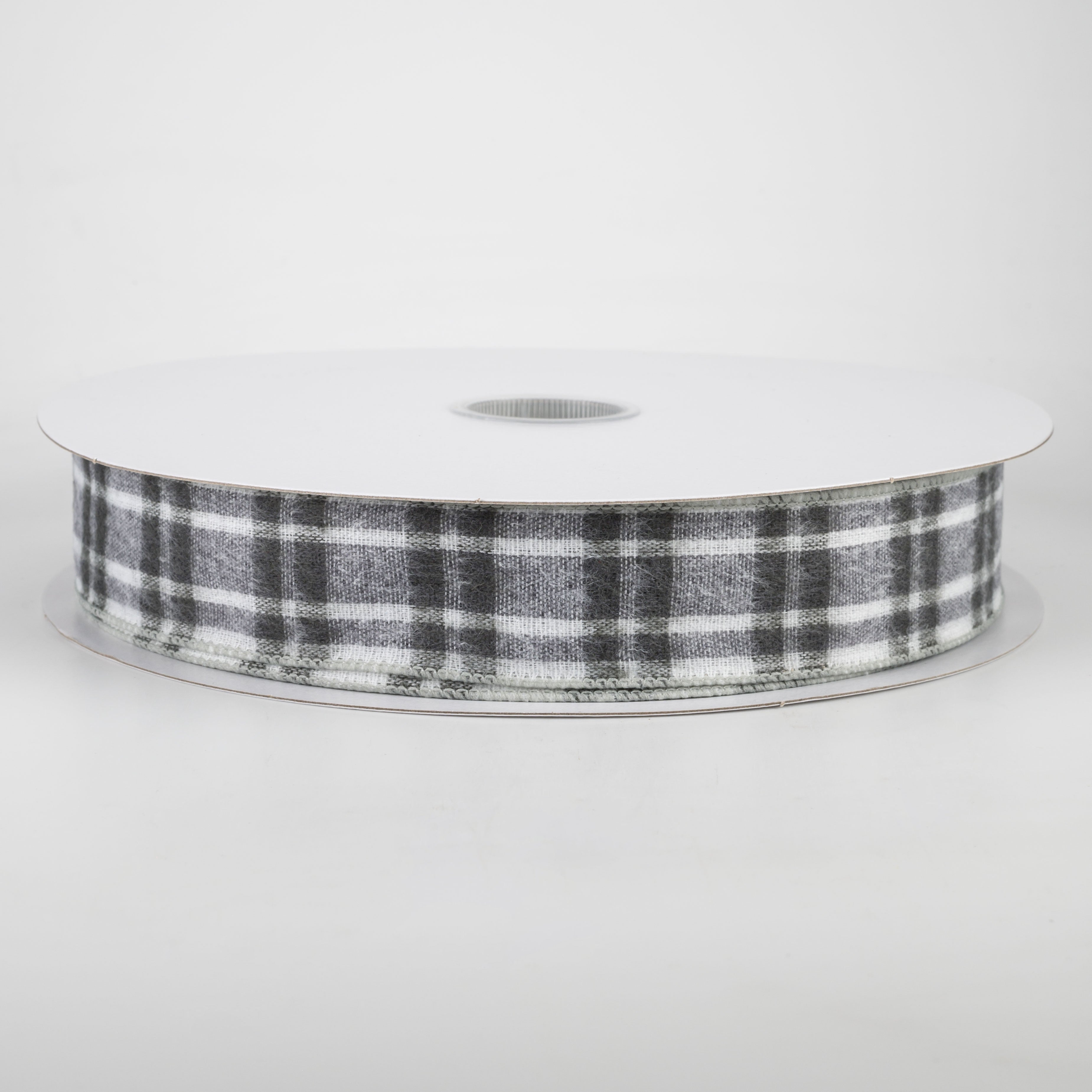 1.5" Fuzzy Flannel Plaid Ribbon: Grey & White (50 Yards)