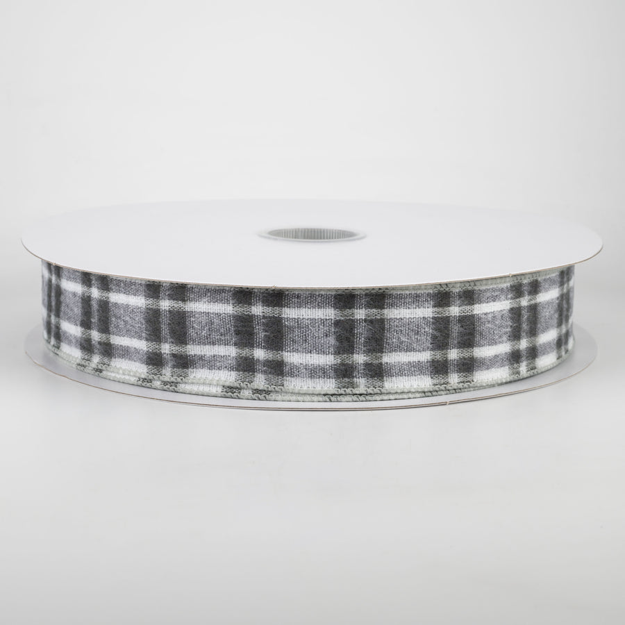 1.5" Fuzzy Flannel Plaid Ribbon: Grey & White (50 Yards)