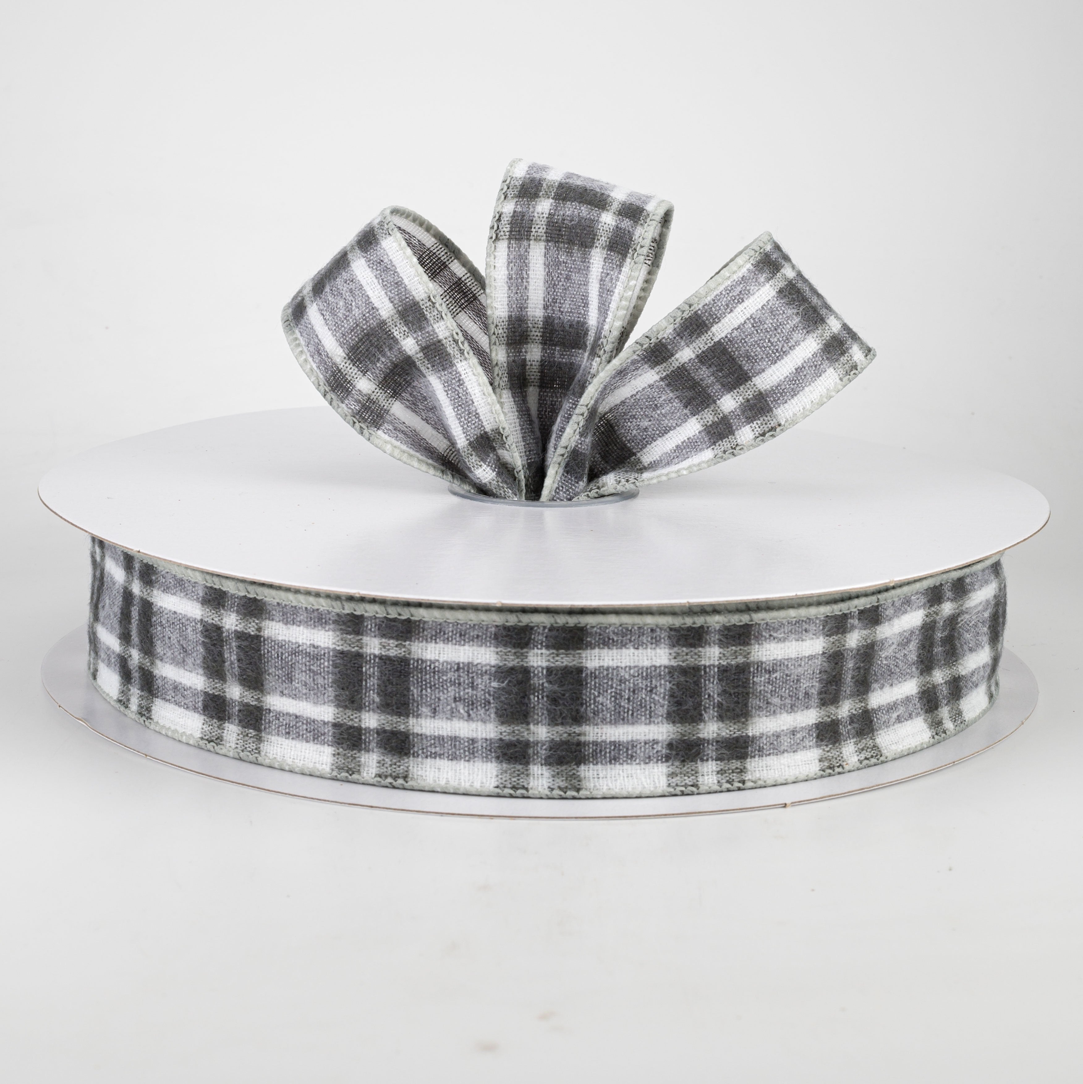 1.5" Fuzzy Flannel Plaid Ribbon: Grey & White (50 Yards)