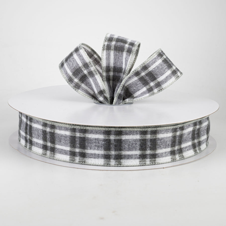 1.5" Fuzzy Flannel Plaid Ribbon: Grey & White (50 Yards)