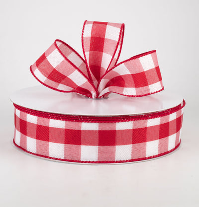 1.5" Linen Check Buffalo Plaid Ribbon: Red & White (50 Yards)