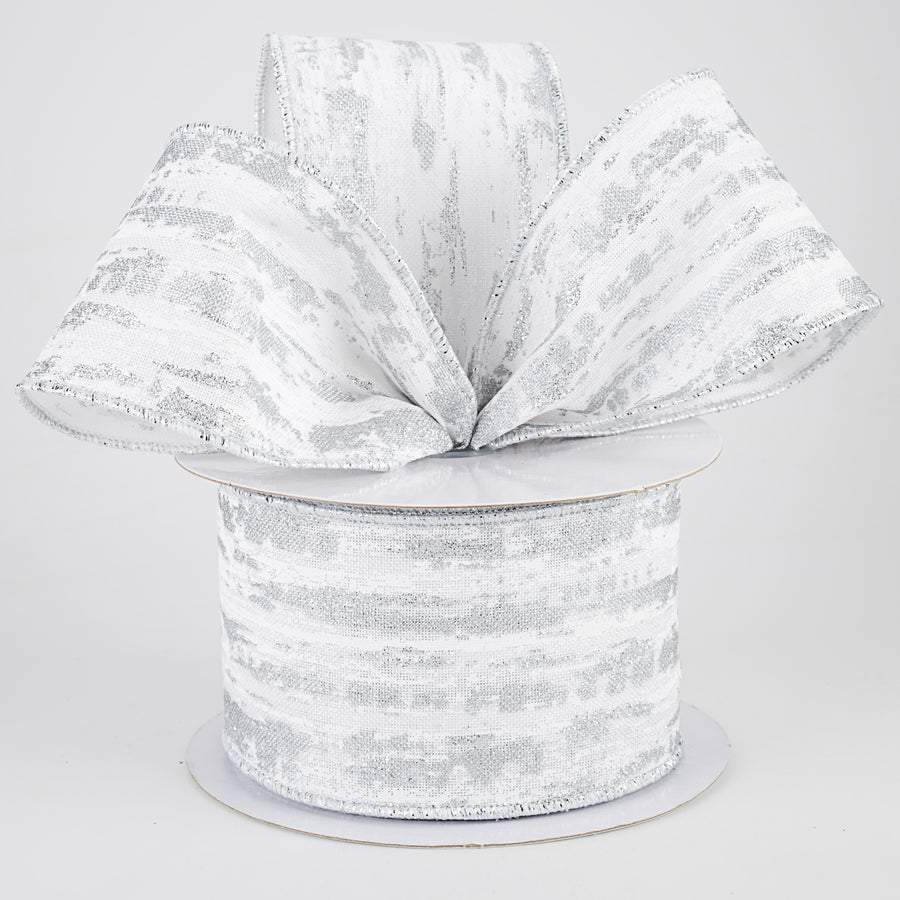 2.5" Metallic Glitter Snow Ribbon: White & Silver (10 Yards)