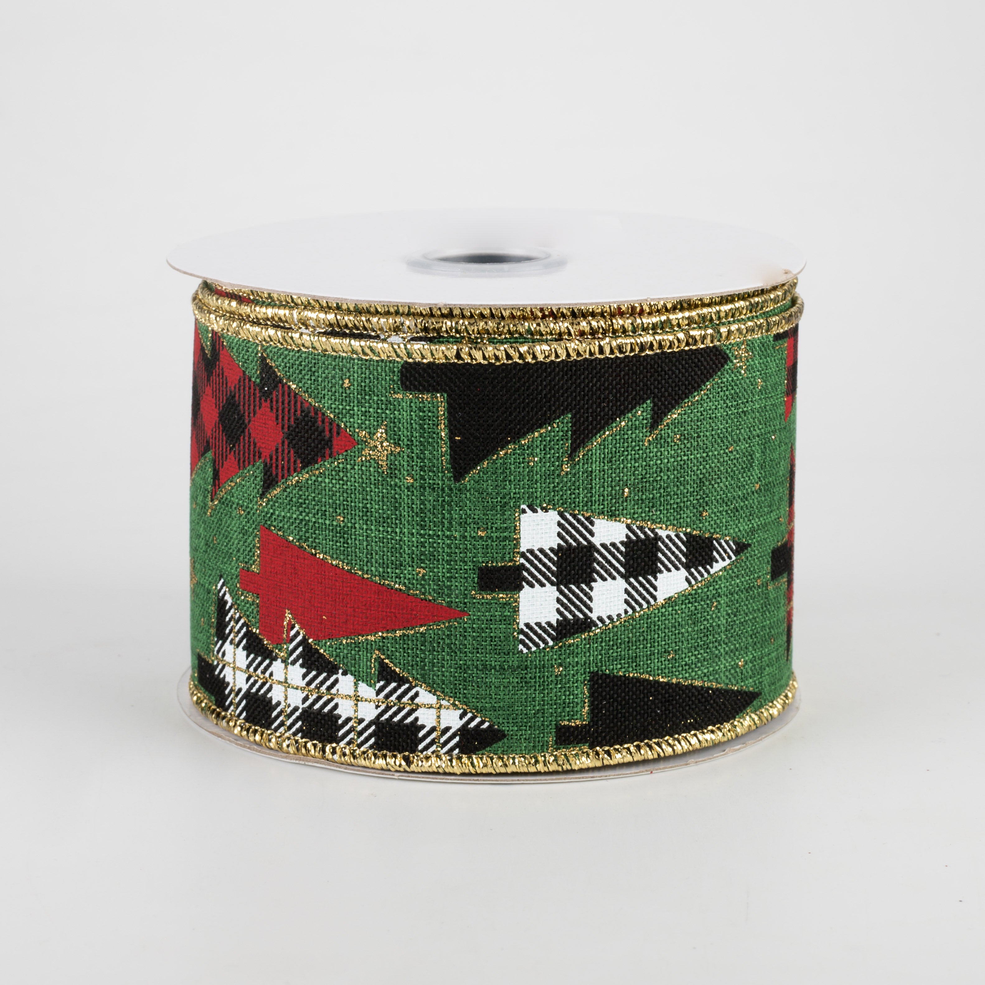 2.5" Plaid Trees Ribbon: Emerald, Red, Gold, White (10 Yards)