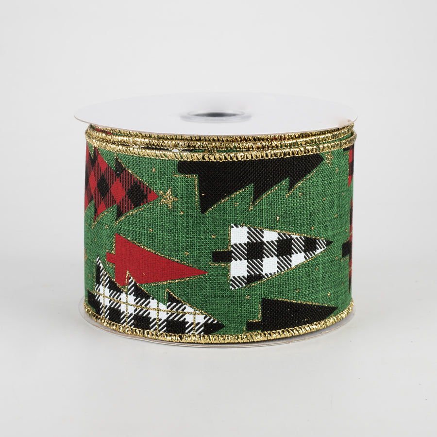 2.5" Plaid Trees Ribbon: Emerald, Red, Gold, White (10 Yards)