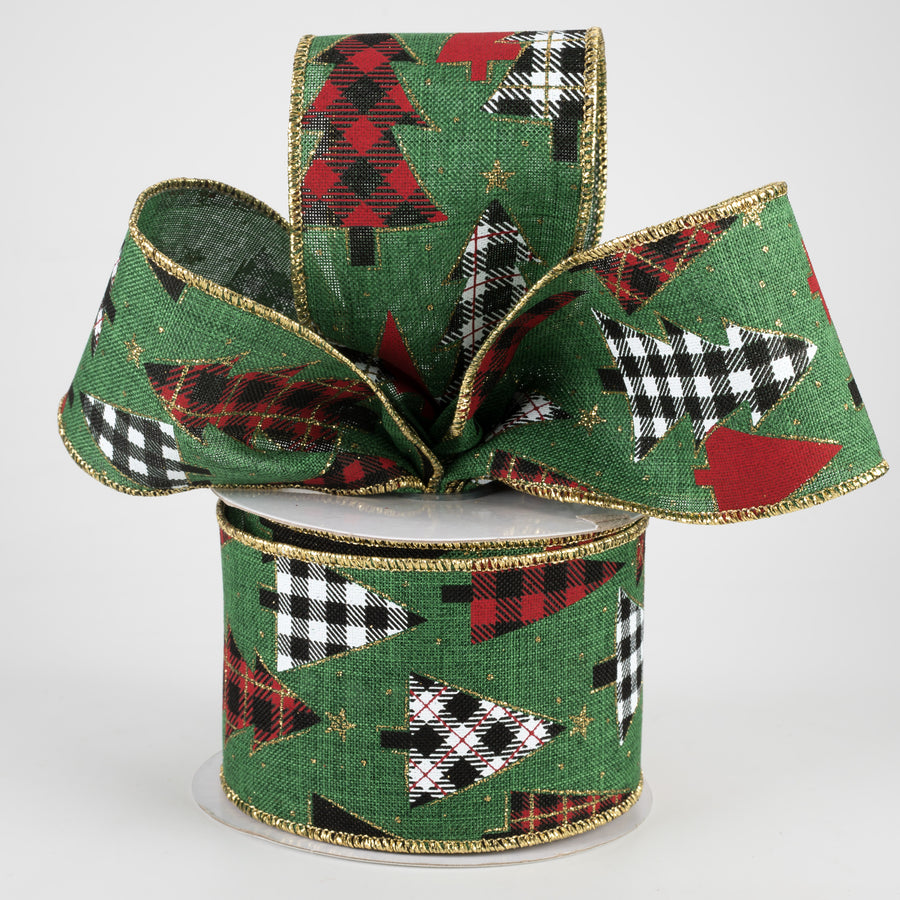 2.5" Plaid Trees Ribbon: Emerald, Red, Gold, White (10 Yards)