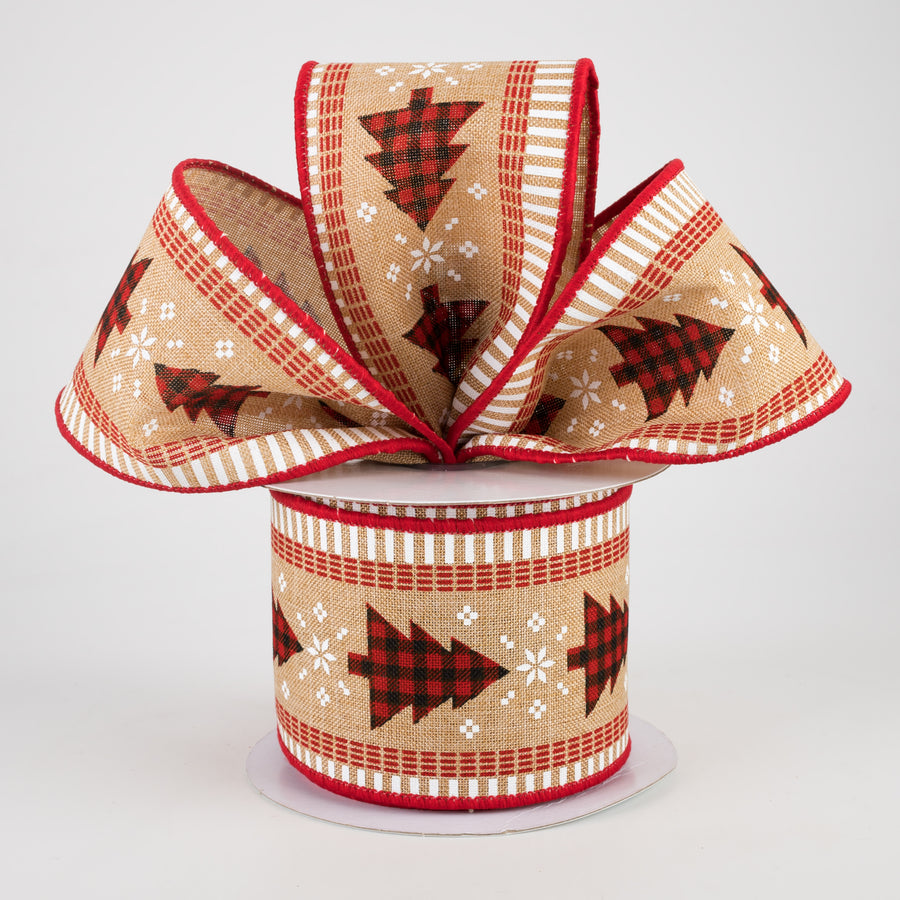 2.5" Buffalo Check Christmas Tree & Stripe Edge Ribbon: Beige (10 Yards)