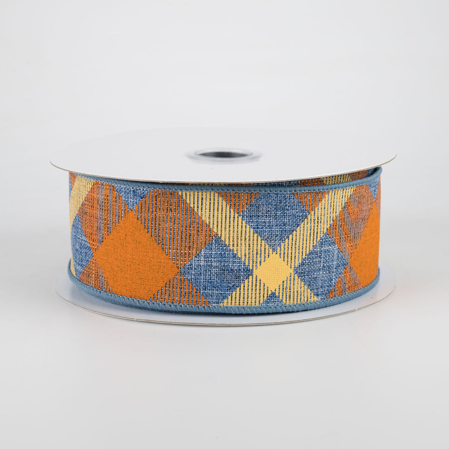 1.5" Printed Plaid Ribbon: Denim Blue, Orange, Mustard (10 Yards)