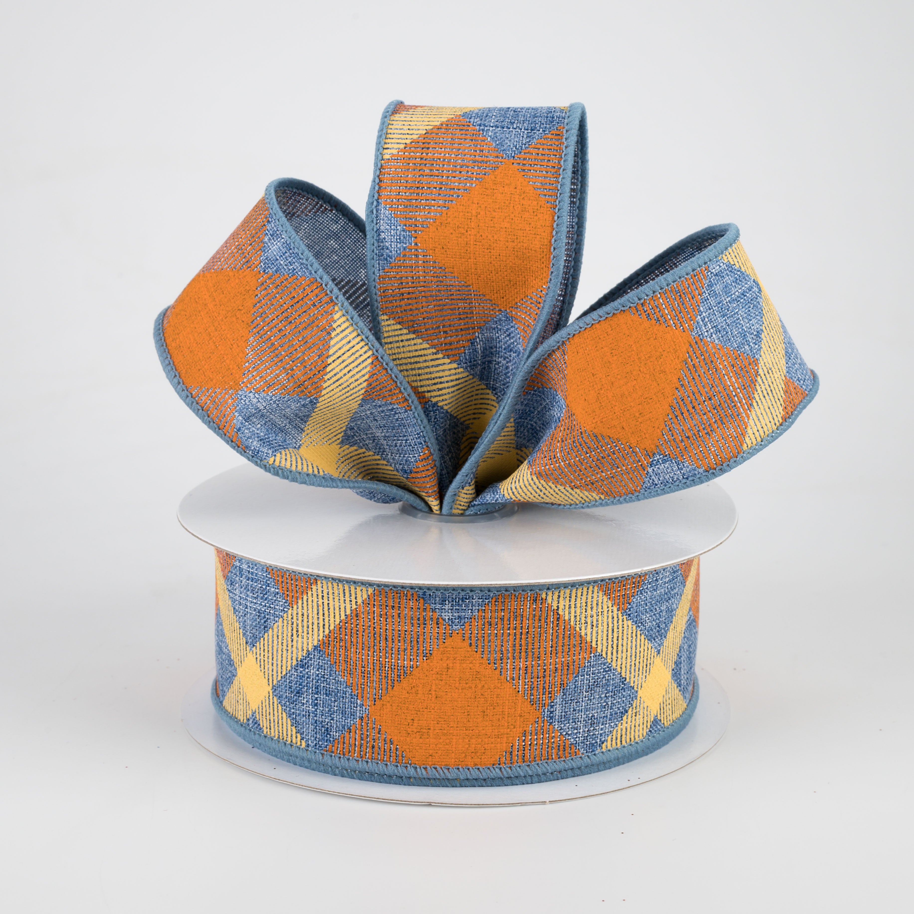 1.5" Printed Plaid Ribbon: Denim Blue, Orange, Mustard (10 Yards)