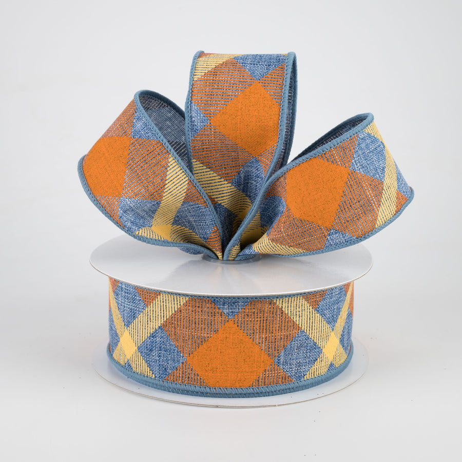 1.5" Printed Plaid Ribbon: Denim Blue, Orange, Mustard (10 Yards)
