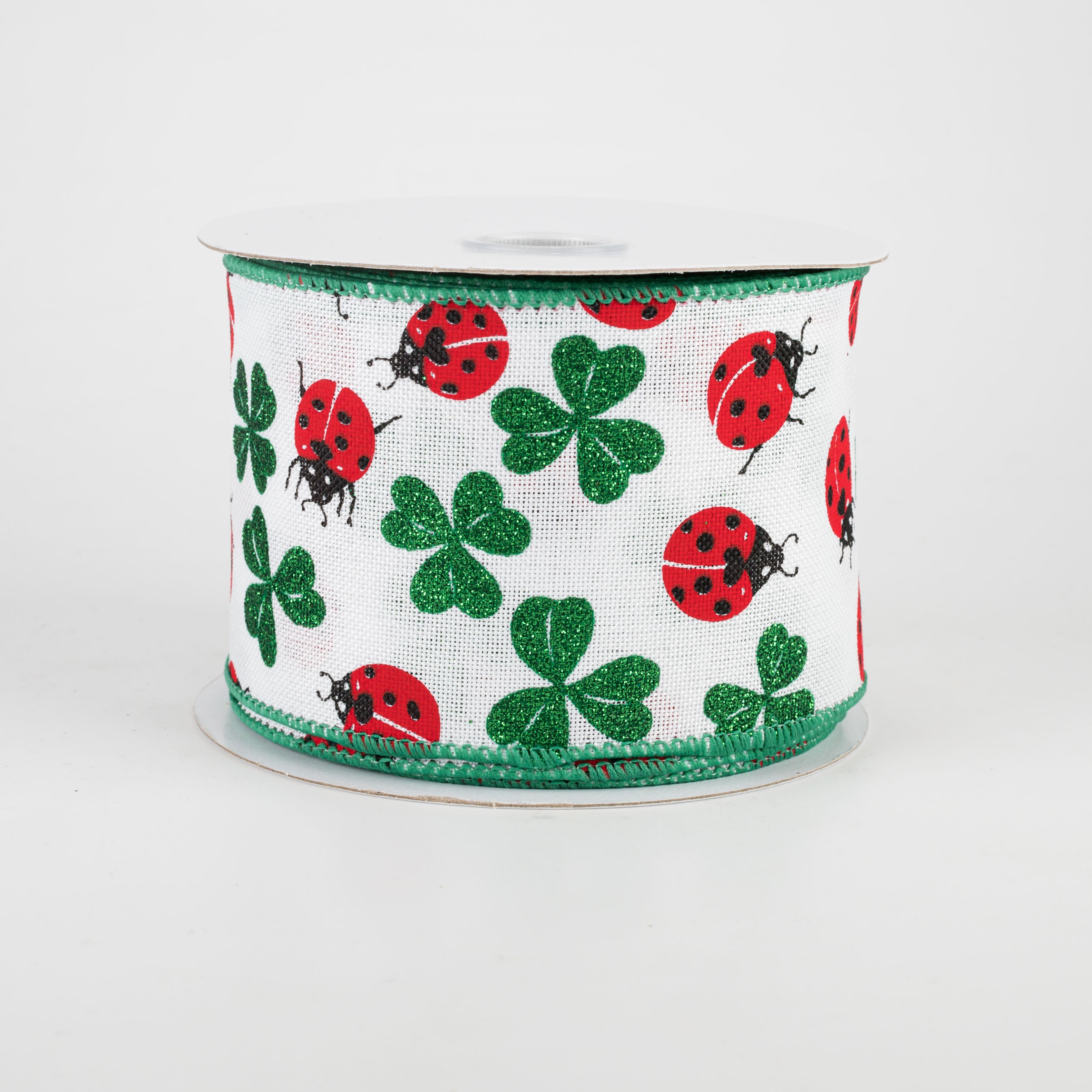 2.5" Shamrocks & Ladybugs Ribbon: White (10 Yards)