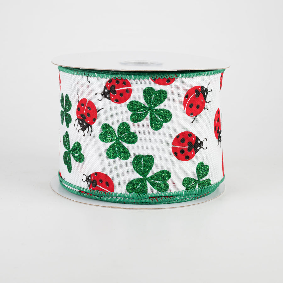 2.5" Shamrocks & Ladybugs Ribbon: White (10 Yards)