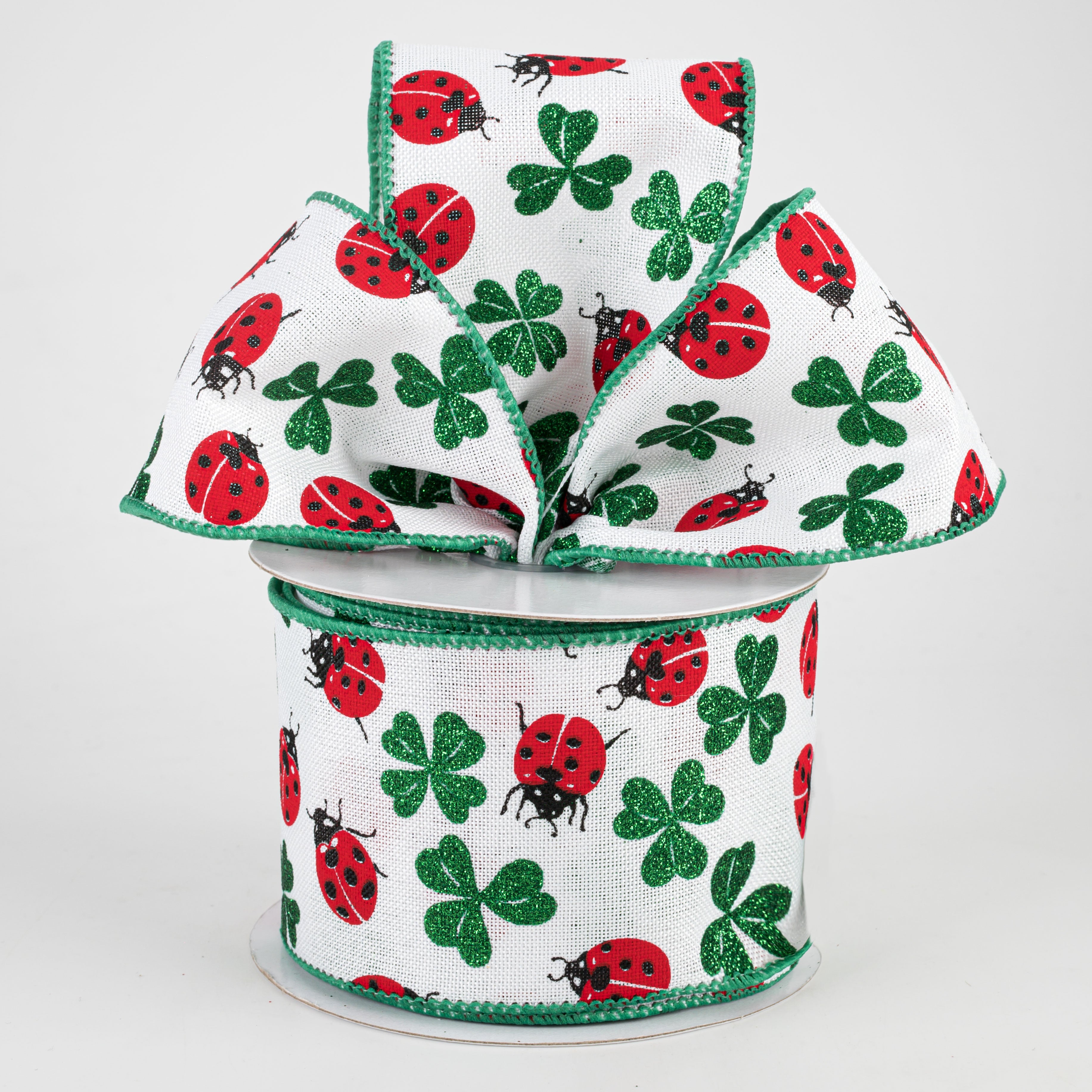 2.5" Shamrocks & Ladybugs Ribbon: White (10 Yards)