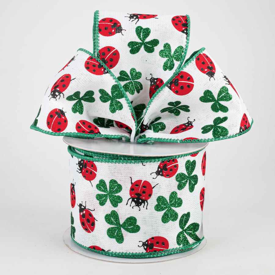 2.5" Shamrocks & Ladybugs Ribbon: White (10 Yards)