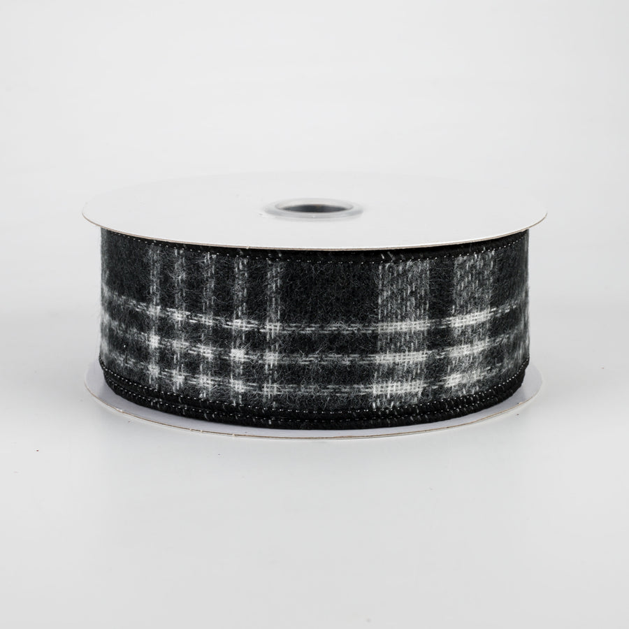 1.5" Fuzzy Flannel Plaid Ribbon: Black (10 Yards)