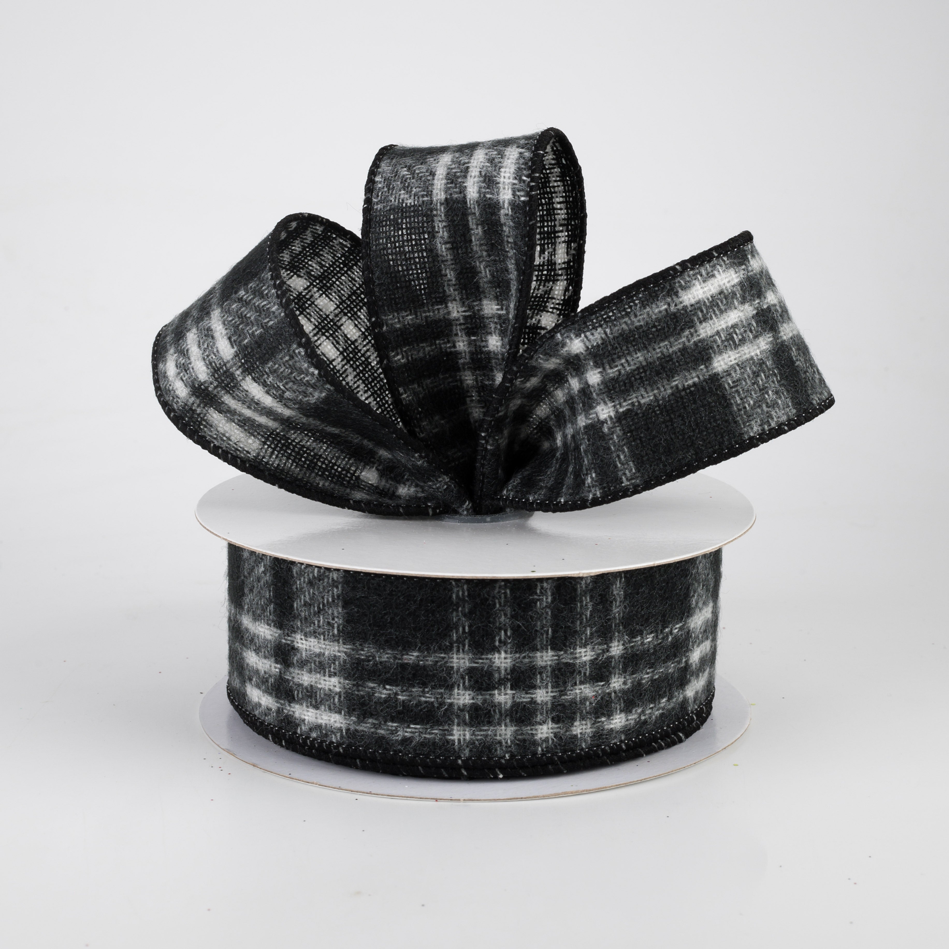 1.5" Fuzzy Flannel Plaid Ribbon: Black (10 Yards)