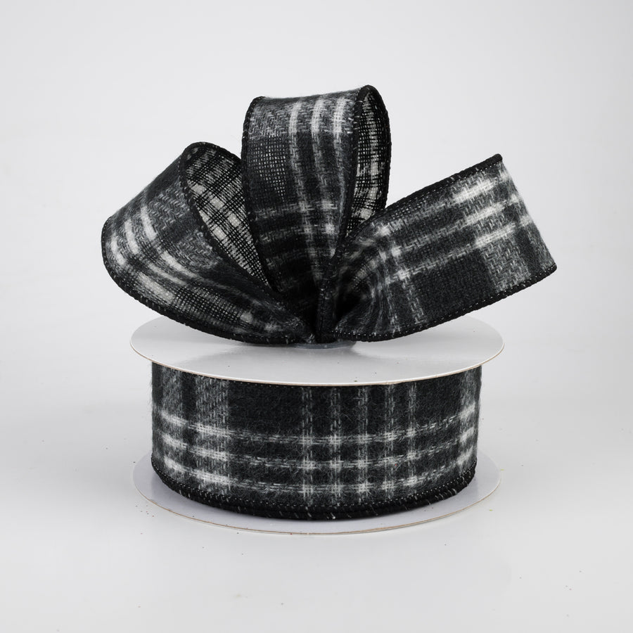 1.5" Fuzzy Flannel Plaid Ribbon: Black (10 Yards)